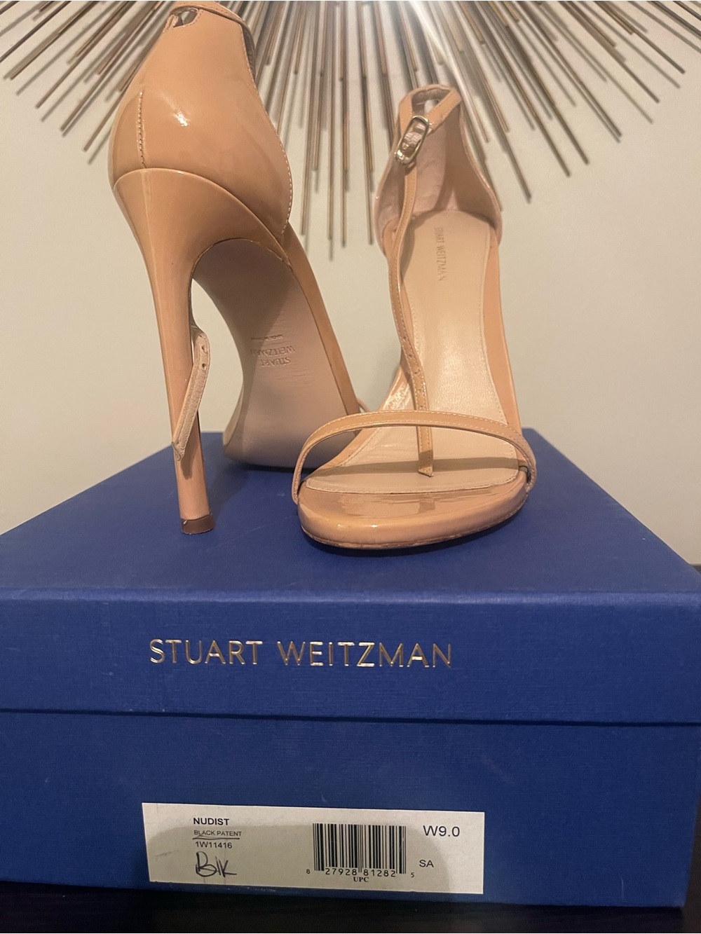 Stuart Weitzman Nude Patent Leather Strappy Stiletto Sandals
